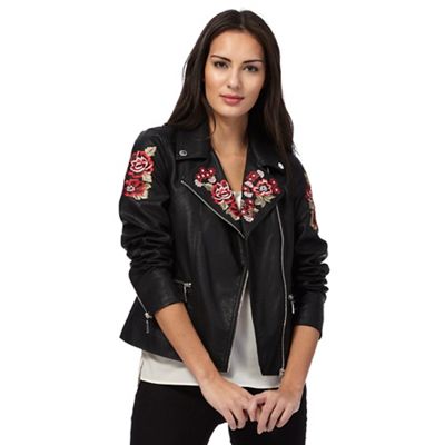 Black rose embroidered biker jacket